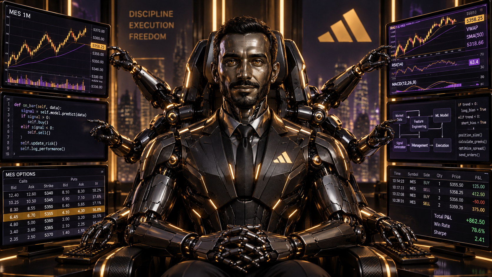 Fully robotic Adides sitting motionless while six mechanical arms operate trading terminals