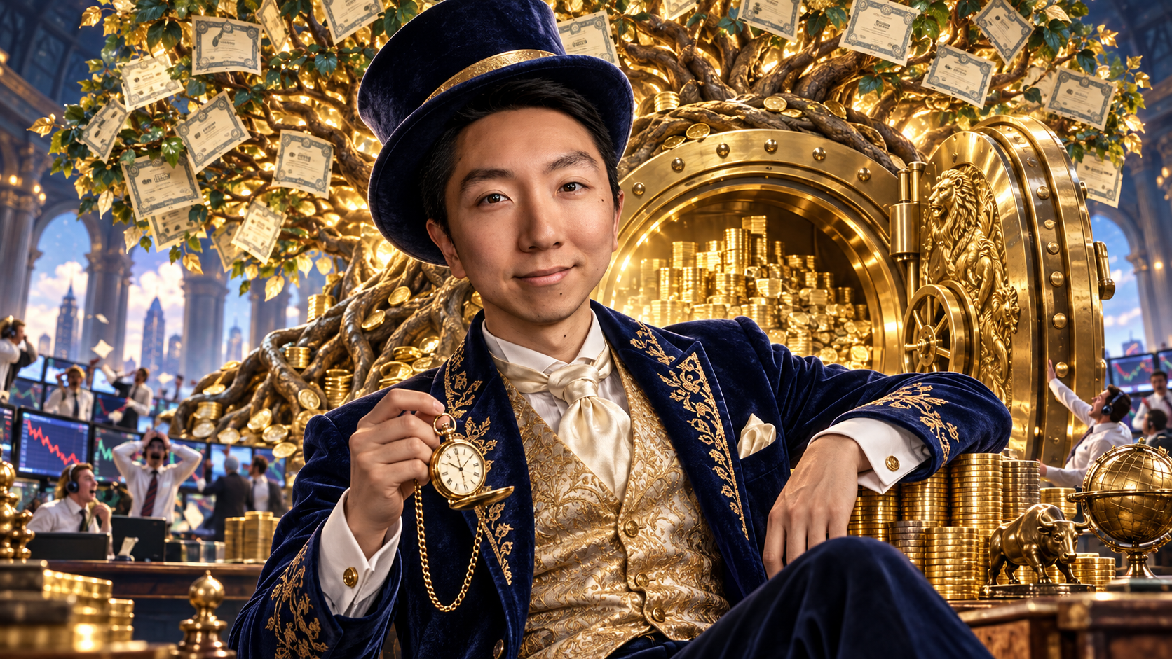 Chris Cheung as a tycoon at a golden vault beneath giant stock-certificate trees