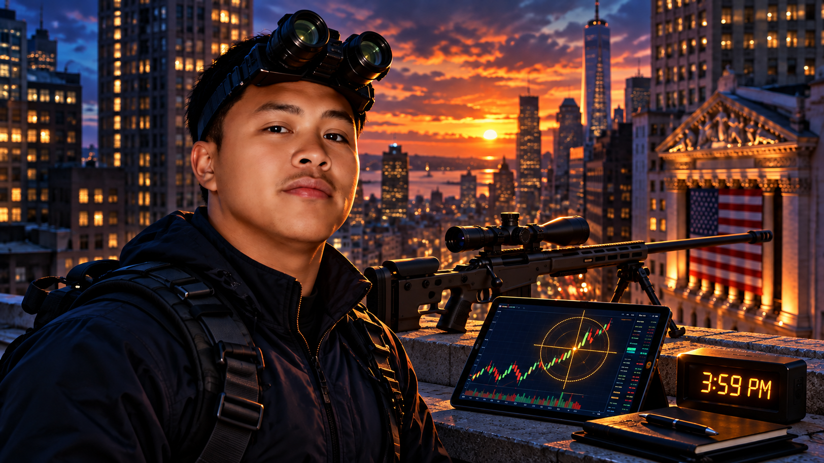Duke watching Wall Street with night vision gear at 3:59 PM