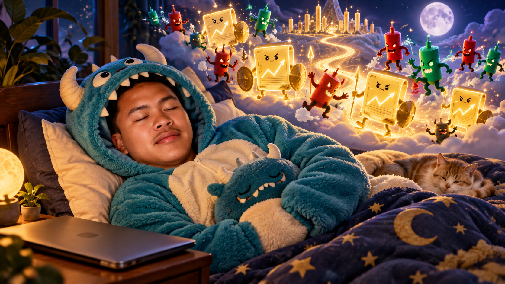 Duke sleeping in plush pajamas while options contracts face futures monsters