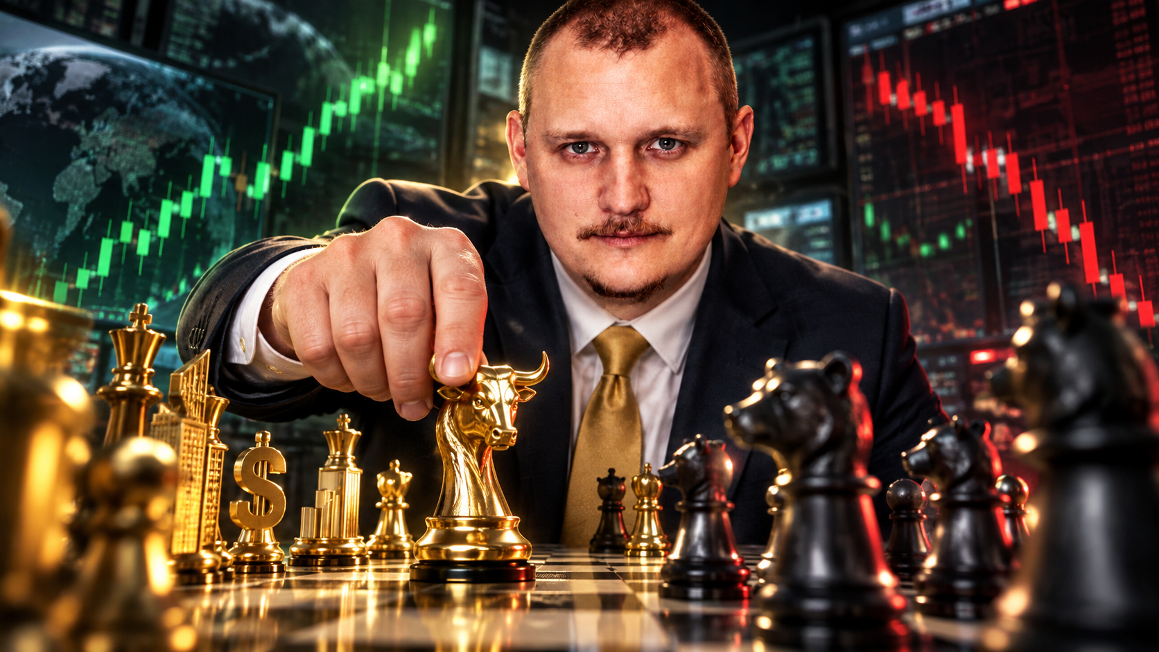 Brian Fuzz Farr moving a gold bull chess piece across a trading-themed chessboard