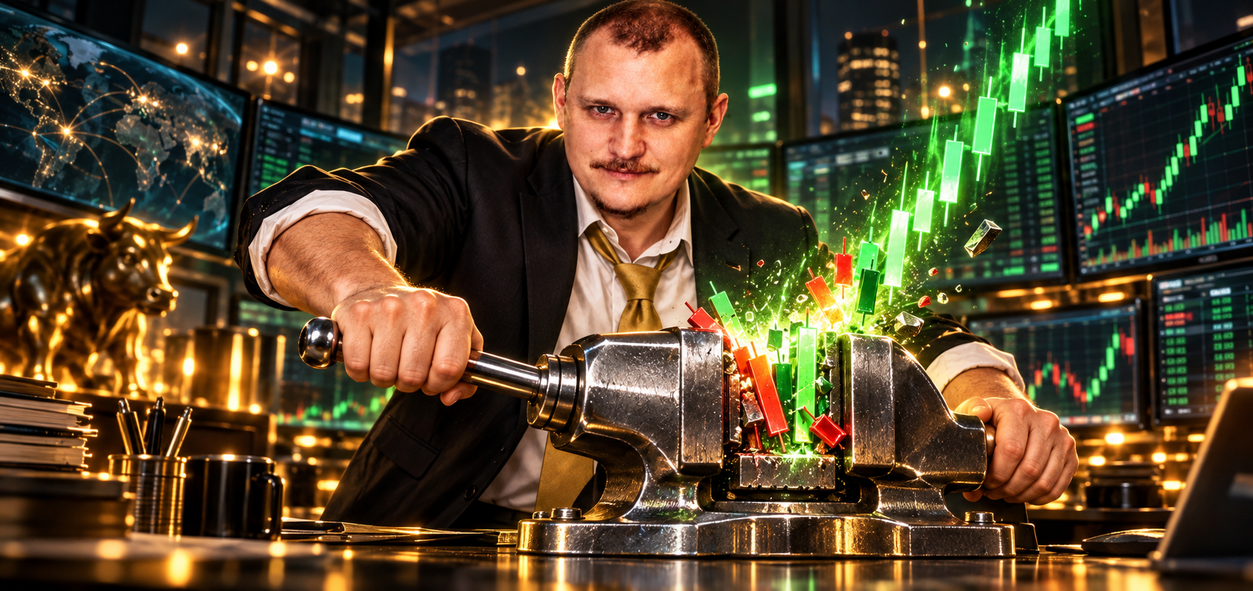 Brian Fuzz Farr squeezing candlesticks in a steel vise into a green breakout