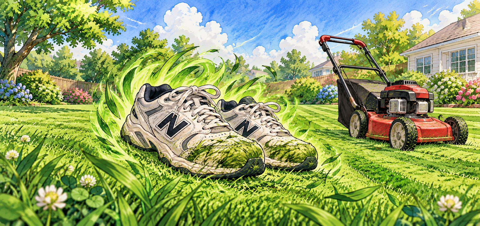 White New Balance dad shoes covered in green grass stains