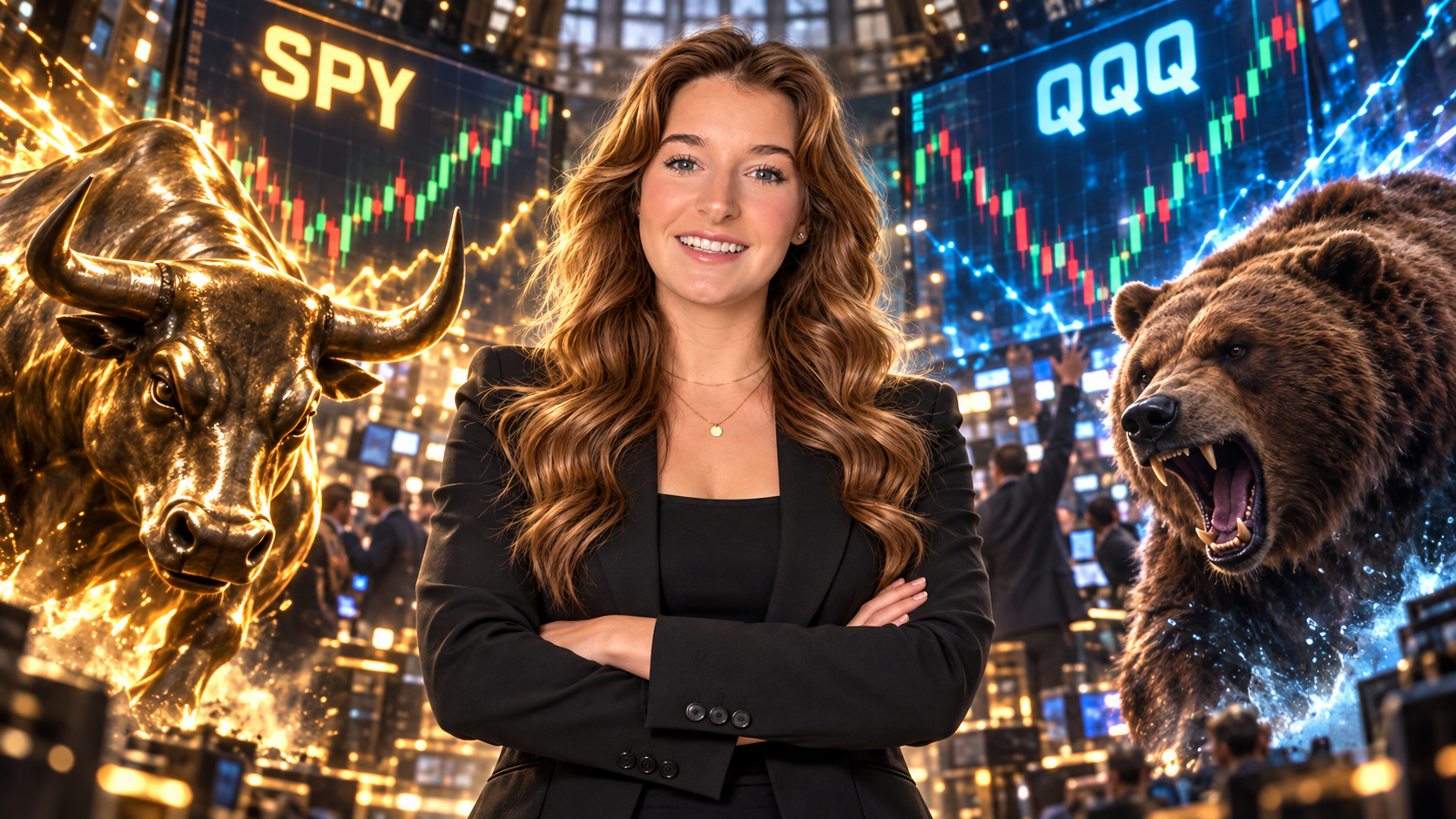 Jada standing calmly between a bull and bear on a chaotic trading floor