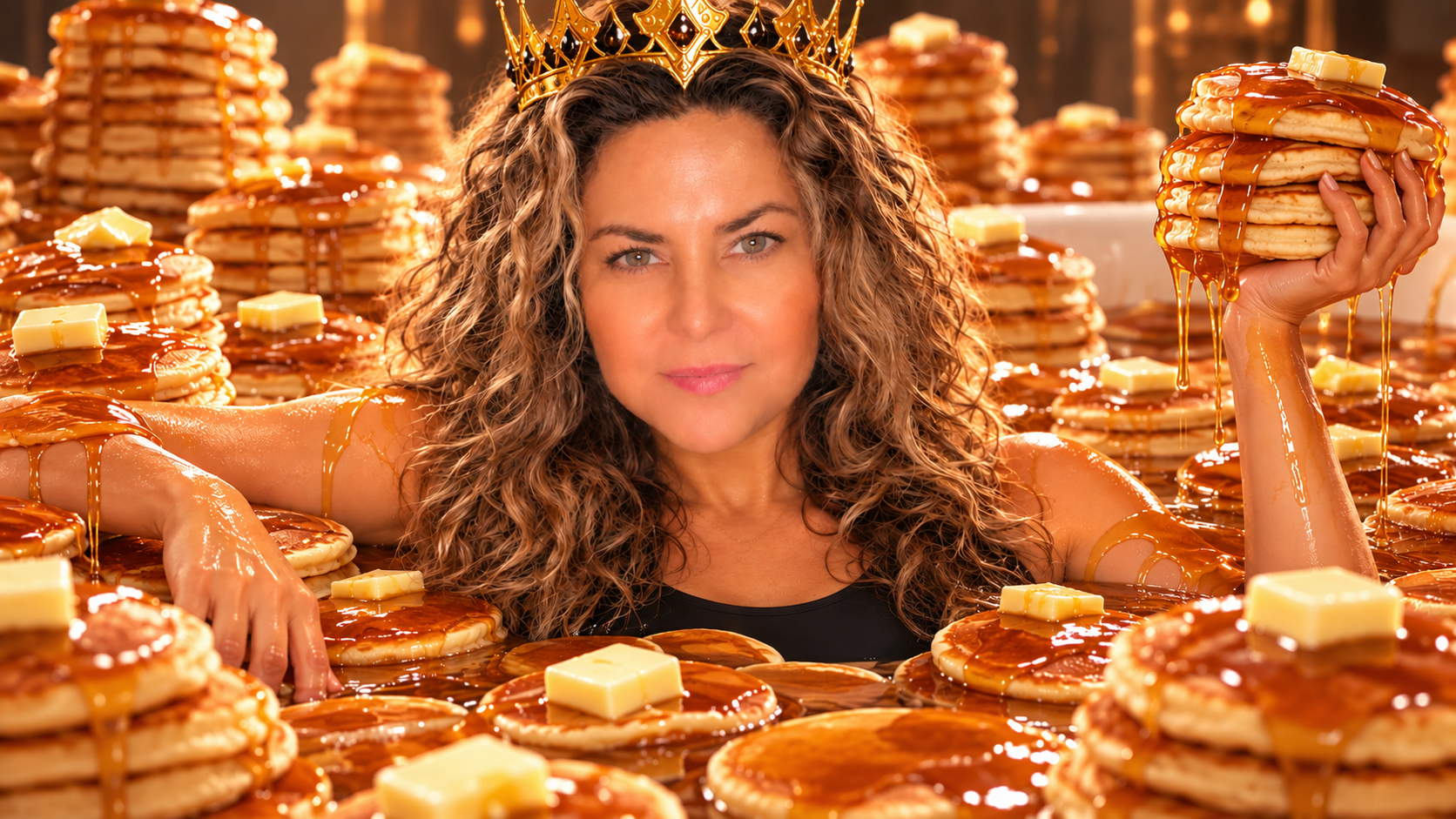 Karen Lady Leverage Dominguez surrounded by pancakes and syrup
