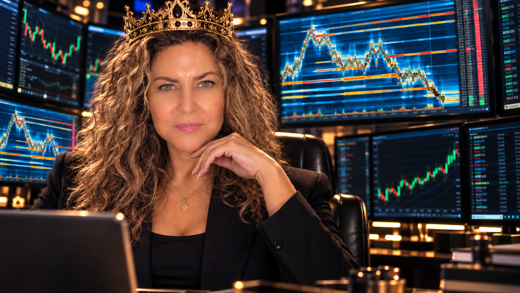 Karen Lady Leverage Dominguez wearing a crown at her trading screens