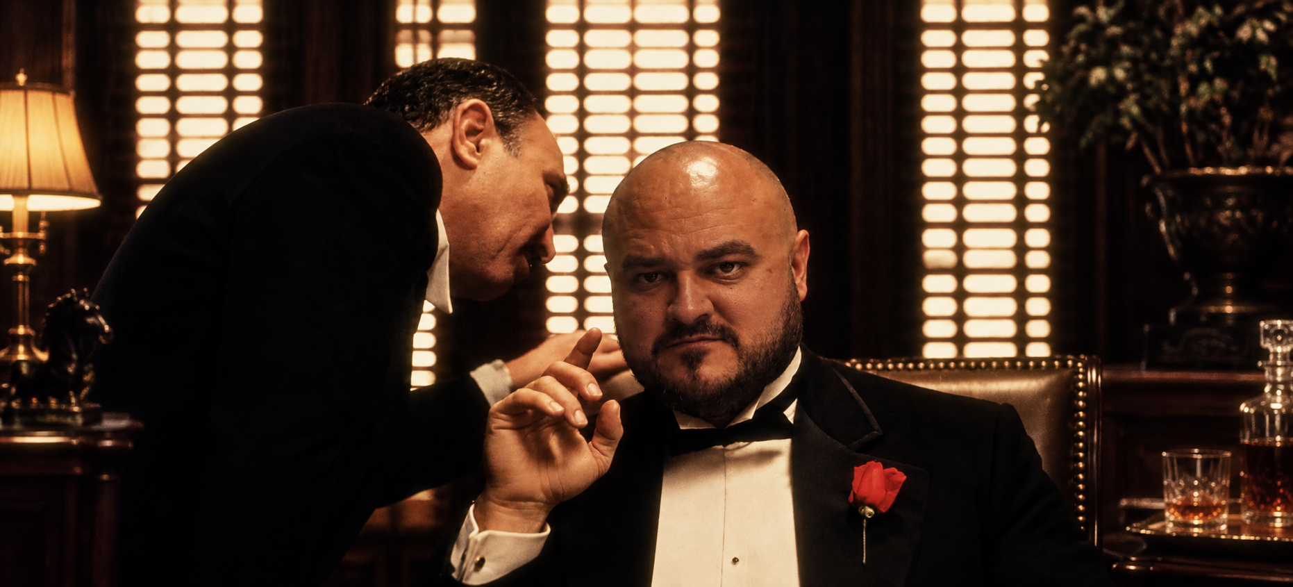 The Stock Father in his tuxedo, receiving a whispered tip in his office