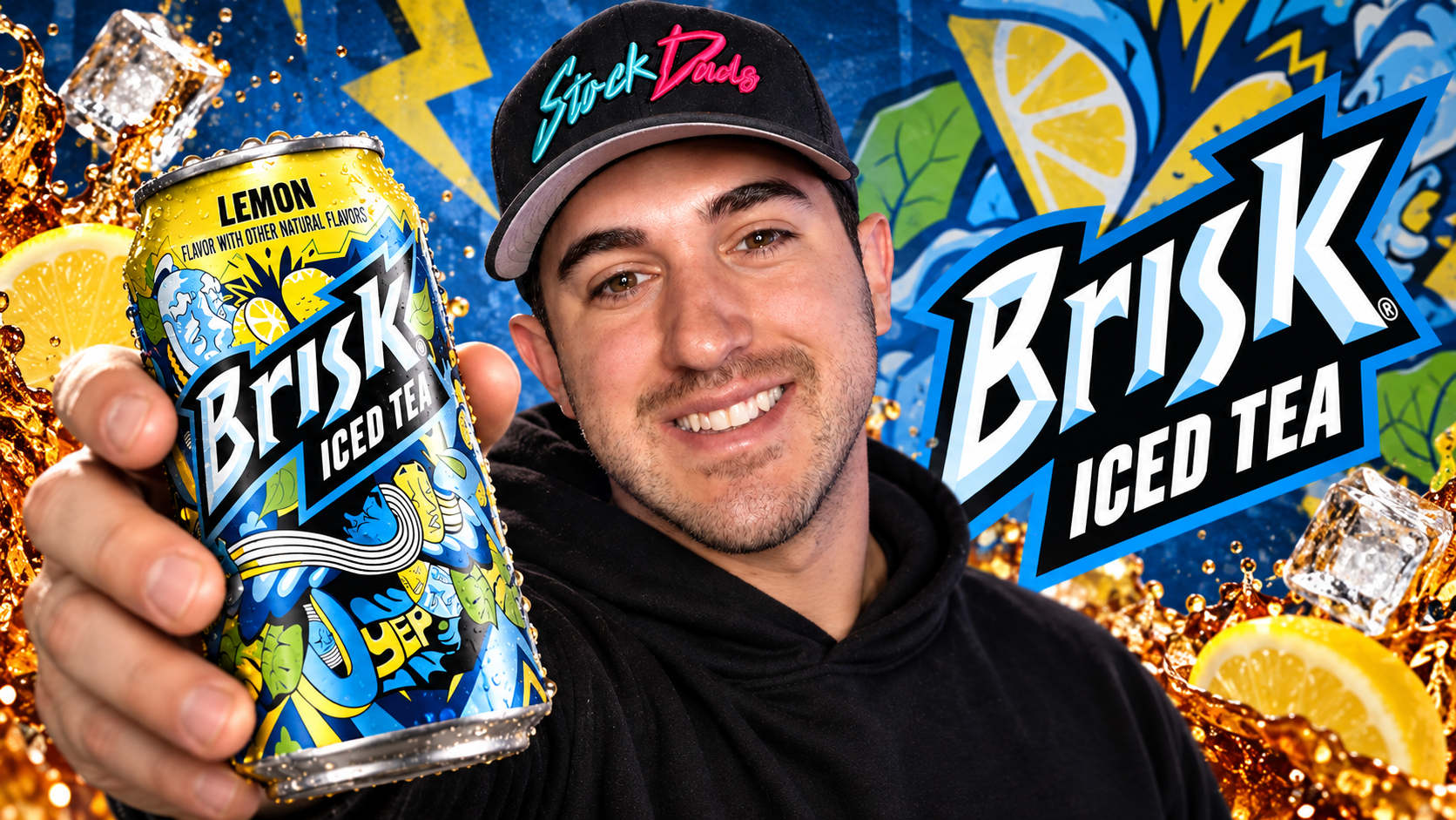 Zach holding a can of lemon Brisk iced tea